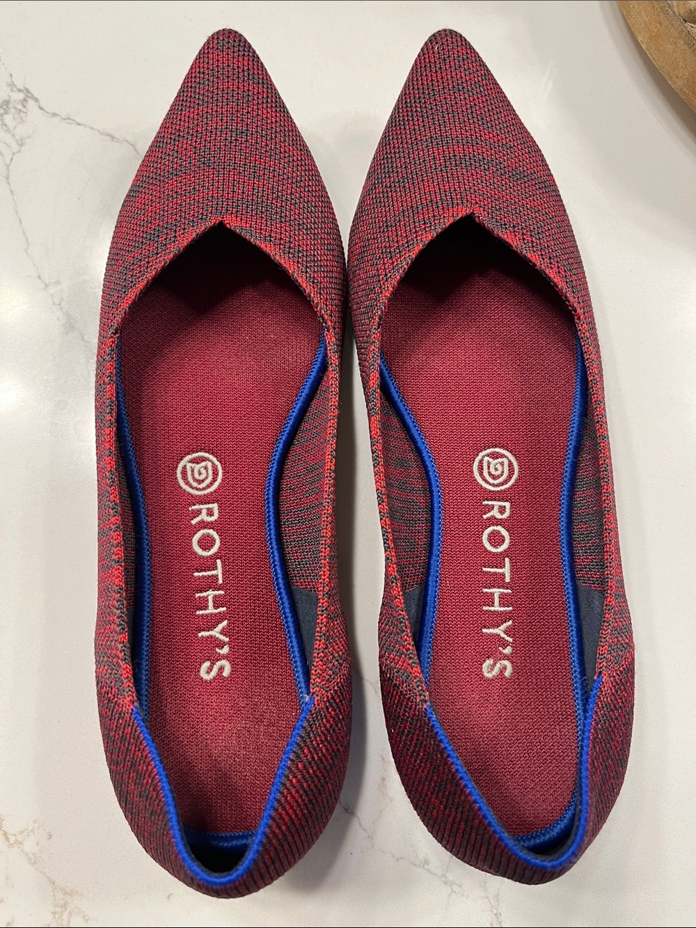 Rothy's Pointed-Toe Knit Flats in Burgundy and Blue Trim